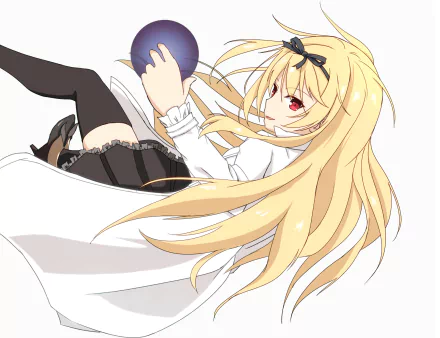 HD PC desktop wallpaper featuring Yue from the anime Arifureta Shokugyou de Sekai Saikyou, showcasing her long blonde hair and red eyes in dynamic pose.