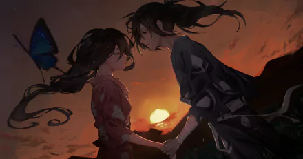An HD desktop wallpaper featuring Mio and Hyakkimaru from the Dororo anime. The characters are holding hands against a sunset backdrop, with a butterfly flying in the top left corner.