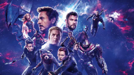 HD desktop wallpaper and background featuring characters from the movie Avengers Endgame against a cosmic backdrop.