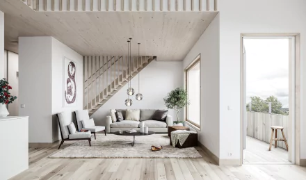 Modern living room with minimalist furniture, a staircase, and large windows, rendered in 4K Ultra HD for a crisp PC desktop wallpaper and background.