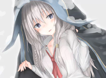 Elaina from Wandering Witch: The Journey of Elaina — anime HD desktop wallpaper: silver-haired witch in a hooded cloak, red tie, soft smile.