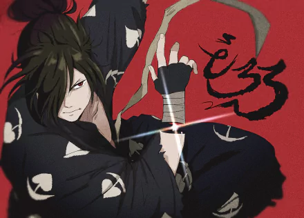HD anime desktop wallpaper featuring Hyakkimaru from Dororo, showcasing his intense gaze and dynamic pose against a bold red background with Japanese calligraphy.