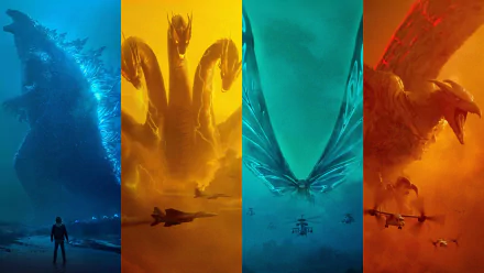 HD wallpaper featuring Godzilla, King Ghidorah, Rodan, and Mothra from the movie Godzilla: King of the Monsters, divided into four vibrant sections showcasing each iconic MonsterVerse creature.