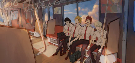 HD PC desktop wallpaper featuring Katsuki Bakugou, Eijiro Kirishima, Denki Kaminari, and Hanta Sero from the anime My Hero Academia seated together on a train.