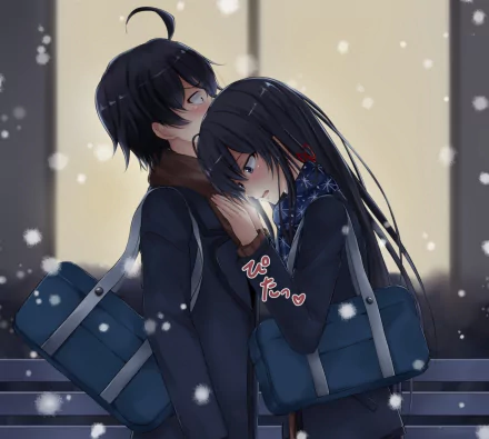 HD wallpaper featuring Hachiman Hikigaya and Yukino Yukinoshita from the anime My Teen Romantic Comedy SNAFU, both wearing winter clothing and standing close as snow falls around them.
