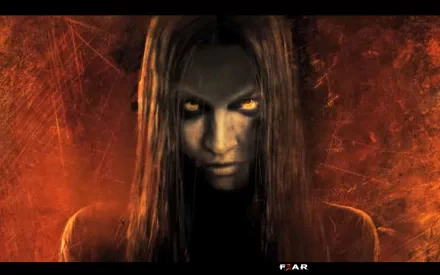 HD PC desktop wallpaper: sinister female figure with long dark hair and glowing yellow eyes against a burning orange backdrop — video game F.E.A.R. horror background.