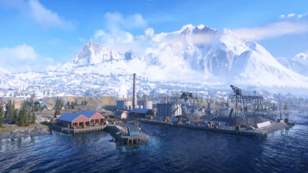 Battlefield V 4K Ultra HD PC desktop wallpaper: snowy coastal WWII village with docks, industrial cranes and distant mountains beneath a bright blue sky.