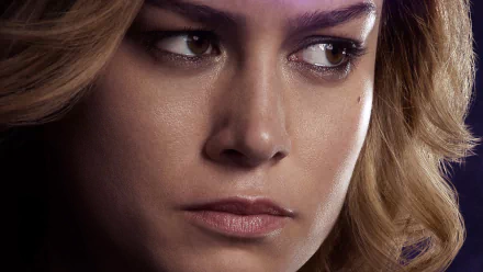 HD desktop wallpaper featuring a close-up of Brie Larson as Captain Marvel in Avengers Endgame, showcasing her focused and intense expression.