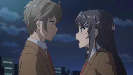 Anime HD wallpaper from Rascal Does Not Dream of Bunny Girl Senpai, featuring Sakuta Azusagawa (brown hair, brown eyes) and Mai Sakurajima (grey hair, blue eyes) in school uniforms at night.