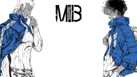 HD anime wallpaper featuring Yuri and Joe from Megalo Box, positioned on opposite sides with the MB logo centered on a white background.
