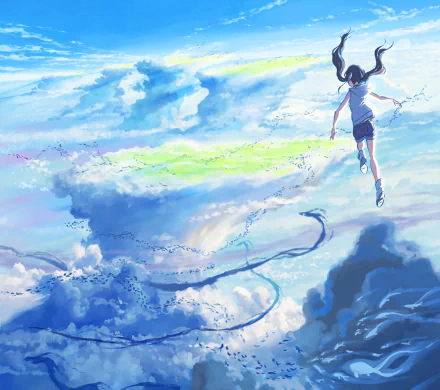 HD desktop wallpaper featuring Hina Amano from the anime Weathering with You, floating among vibrant, ethereal clouds with a radiant sky in the background.