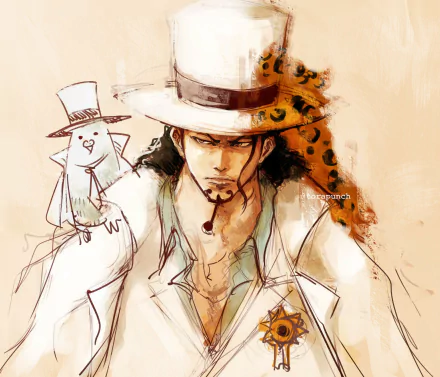 HD PC desktop wallpaper featuring Rob Lucci from One Piece, depicted in a stylized anime art with his signature white hat and a small leopard companion.