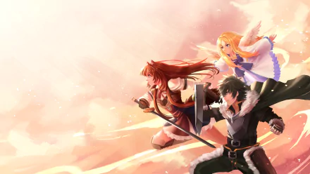 HD desktop wallpaper featuring Raphtalia, Filo, and Naofumi Iwatani from the anime The Rising of the Shield Hero. The trio is depicted in a dynamic pose against a vibrant, glowing background.