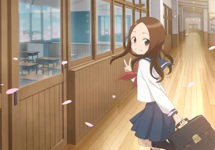 HD desktop wallpaper of Takagi from Karakai Jouzu no Takagi-san, walking with a cheerful expression in a school hallway with cherry blossom petals floating around.