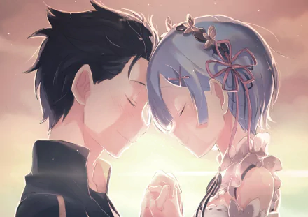 HD desktop wallpaper featuring Rem and Subaru Natsuki from the anime Re:ZERO -Starting Life in Another World- in a close, emotional moment.