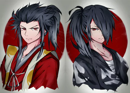 HD PC desktop wallpaper featuring anime characters Hyakkimaru and Dororo from the series Dororo, set against red circular backgrounds.