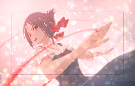 HD desktop wallpaper featuring Kaguya Shinomiya from the anime Kaguya-sama: Love is War, depicted in a dynamic pose with an ethereal, sparkly background.