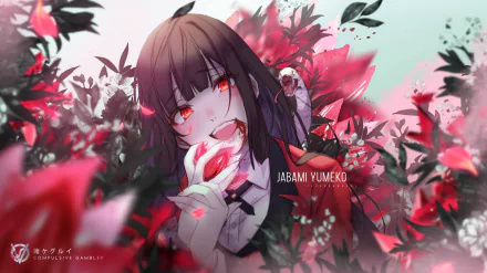 This HD desktop wallpaper features Yumeko Jabami from the anime Kakegurui, showcasing her amidst vibrant red and pink foliage, exuding an intense and captivating atmosphere.