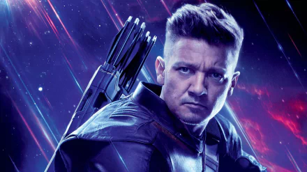 Jeremy Renner as Hawkeye from Avengers: Endgame features a striking portrait against a cosmic backdrop, showcasing his fierce expression and iconic archery gear.