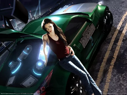 A high-definition wallpaper featuring a sleek green car from Need For Speed: Underground 2, with a stylish character leaning against it on a city street at night.