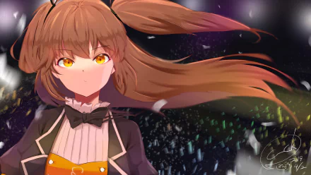 4K Ultra HD PC desktop wallpaper of Shishigami Leona, anime Virtual YouTuber with flowing brown hair and golden eyes amid glowing confetti and a starry night background.