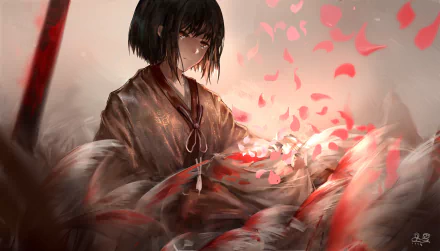 HD PC desktop wallpaper featuring Kuro from the video game Sekiro: Shadows Die Twice surrounded by fluttering red petals in a soft, atmospheric setting.