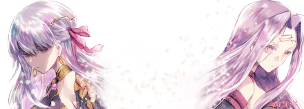 HD PC desktop wallpaper/background of Fate/Grand Order anime: Kama (Assassin) and Rider with Sakura Matou motifs, pastel wings framing a bright central space.