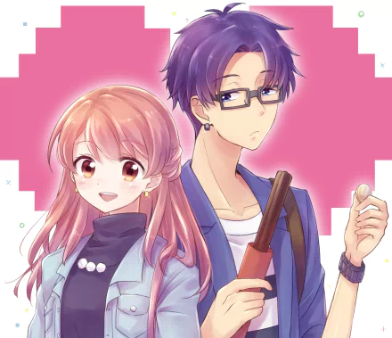 HD anime wallpaper of Narumi Momose and Hirotaka Nifuji from Wotaku ni Koi wa Muzukashii — Narumi smiling with pink hair, Hirotaka in glasses holding a bag strap against a pink background.