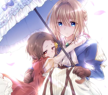 HD wallpaper featuring Anne Magnolia and Violet Evergarden from the anime Violet Evergarden. Violet holds a parasol and embraces Anne, set against a soft, light-filled background.