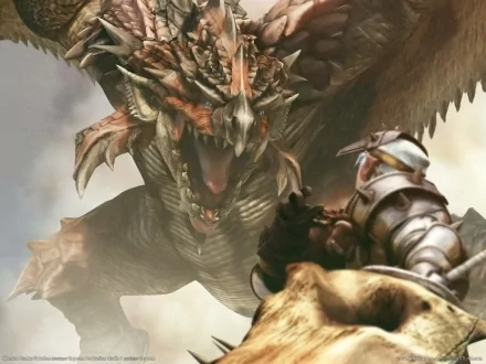 A stunning HD wallpaper featuring Rathalos from Monster Hunter, showcasing a fierce dragon against a hunter preparing for battle in a dynamic, action-packed scene.