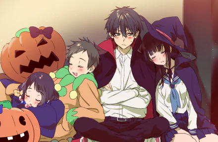 A colorful HD wallpaper featuring Mayaka Ibara, Satoshi Fukube, Eru Chitanda, and Hōtarō Oreki from the anime Hyouka, with playful Halloween-themed elements.