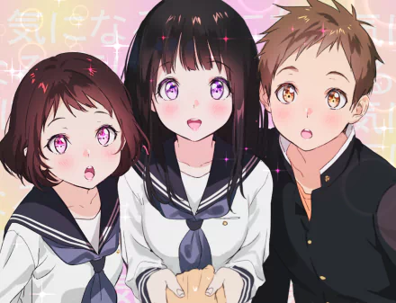 Hōtarō Oreki, Eru Chitanda, Mayaka Ibara and Satoshi Fukube from Hyouka depicted in a bright HD anime desktop wallpaper; school uniforms with curious, cheerful expressions.