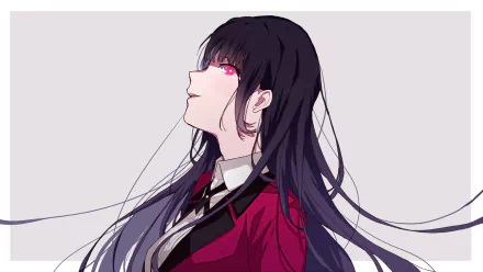 HD PC wallpaper featuring Yumeko Jabami from the anime Kakegurui, showcasing her confident expression and flowing dark hair against a light background.
