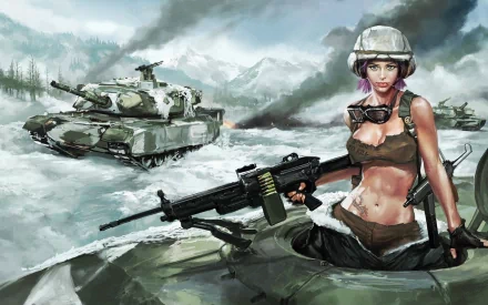 HD PC desktop wallpaper from the video game Born to Kill, featuring a female soldier with a large gun and tanks advancing through a snowy battlefield.