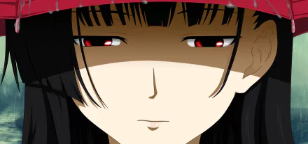 HD PC desktop anime wallpaper of Rea Sanka (Sankarea): close-up pale face framed by dark bangs, narrow red eyes and a faint neutral expression beneath a red hat.