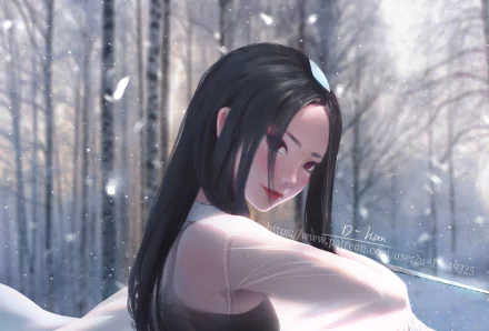 HD anime desktop wallpaper featuring an original character with long dark hair, softly smiling in a snowy forest background, capturing a serene winter atmosphere.