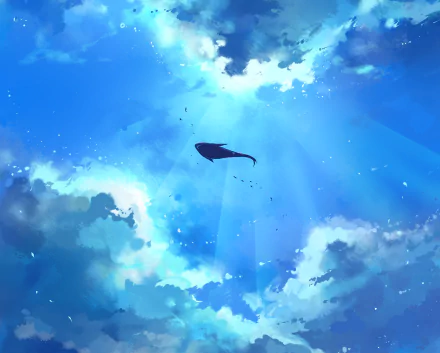A serene anime-inspired HD desktop wallpaper featuring a silhouette of a fish swimming through vibrant blue skies, illuminated by soft rays of sunlight and surrounded by fluffy clouds.