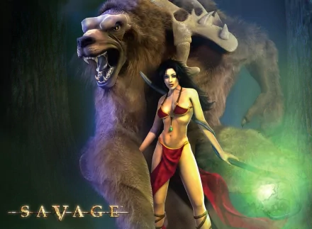 HD PC desktop wallpaper of the video game Savage: a red-clad sorceress summoning green magic as a massive snarling bear-like beast looms behind her in a dark, misty forest.