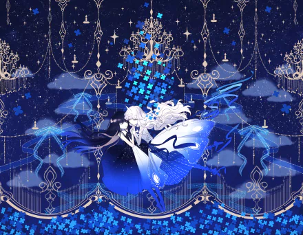 Anime-style HD desktop wallpaper featuring two elegant characters in flowing blue and white dresses, surrounded by ornate chandeliers and a starry night sky.