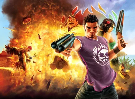 High-definition wallpaper from the video game Total Overdose, featuring an action-packed scene with a character brandishing dual guns amidst explosions and vibrant backgrounds.