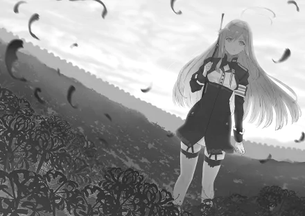 HD anime desktop wallpaper featuring Vladilena Milizé from Eighty Six, standing in a field with petals falling around her under a cloudy sky.