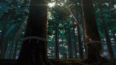 Anime scene from Your Name. in a sunlit forest with tall trees and glowing light rays, rendered in 8K Ultra HD for PC desktop wallpaper and background.