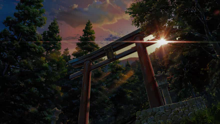 HD desktop wallpaper from the anime Your Name depicting a serene forest scene with a traditional torii gate, surrounded by lush trees with sunlight filtering through at dusk.