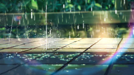 Anime scene from The Garden of Words: rain-splattered tiled walkway with glistening puddles and soft bokeh light — 8K Ultra HD PC desktop wallpaper background.