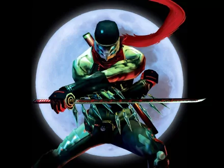 Video game shinobi HD PC desktop wallpaper/background: masked warrior crouched before a full moon, katana drawn, shuriken on armor and a red scarf streaming.