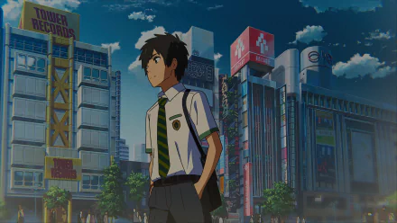Taki Tachibana from Your Name. in school uniform gazing across a sunlit city street — 8K Ultra HD anime PC desktop wallpaper and background.