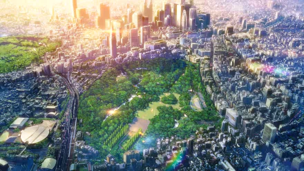 HD anime desktop wallpaper featuring a vibrant, detailed aerial view of a lush garden surrounded by a bustling cityscape, inspired by The Garden of Words.