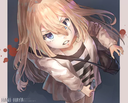 HD PC desktop wallpaper of Rachel Gardner (Angels of Death): a blonde anime girl with blue eyes, striped uniform and blood splatters, reaching toward the viewer.