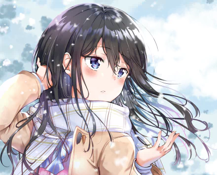 HD PC desktop wallpaper featuring Aki Adagaki from the anime Masamune-kun's Revenge, showcasing her with flowing dark hair and a contemplative expression in a snowy setting.