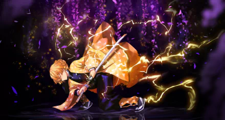 HD wallpaper featuring Zenitsu Agatsuma from Demon Slayer: Kimetsu no Yaiba, wielding a katana with lightning effects, set against a vibrant background with purple hues and falling petals.